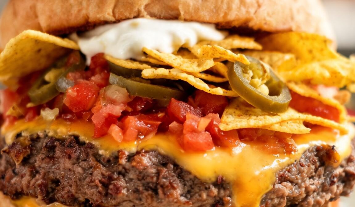 Loaded Nacho Burger With Cheese Sauce and Jalapeños