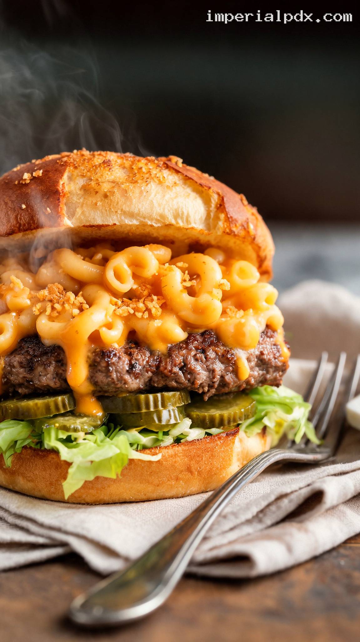 Mac and Cheese Burger with Cheddar Sauce – Closeup