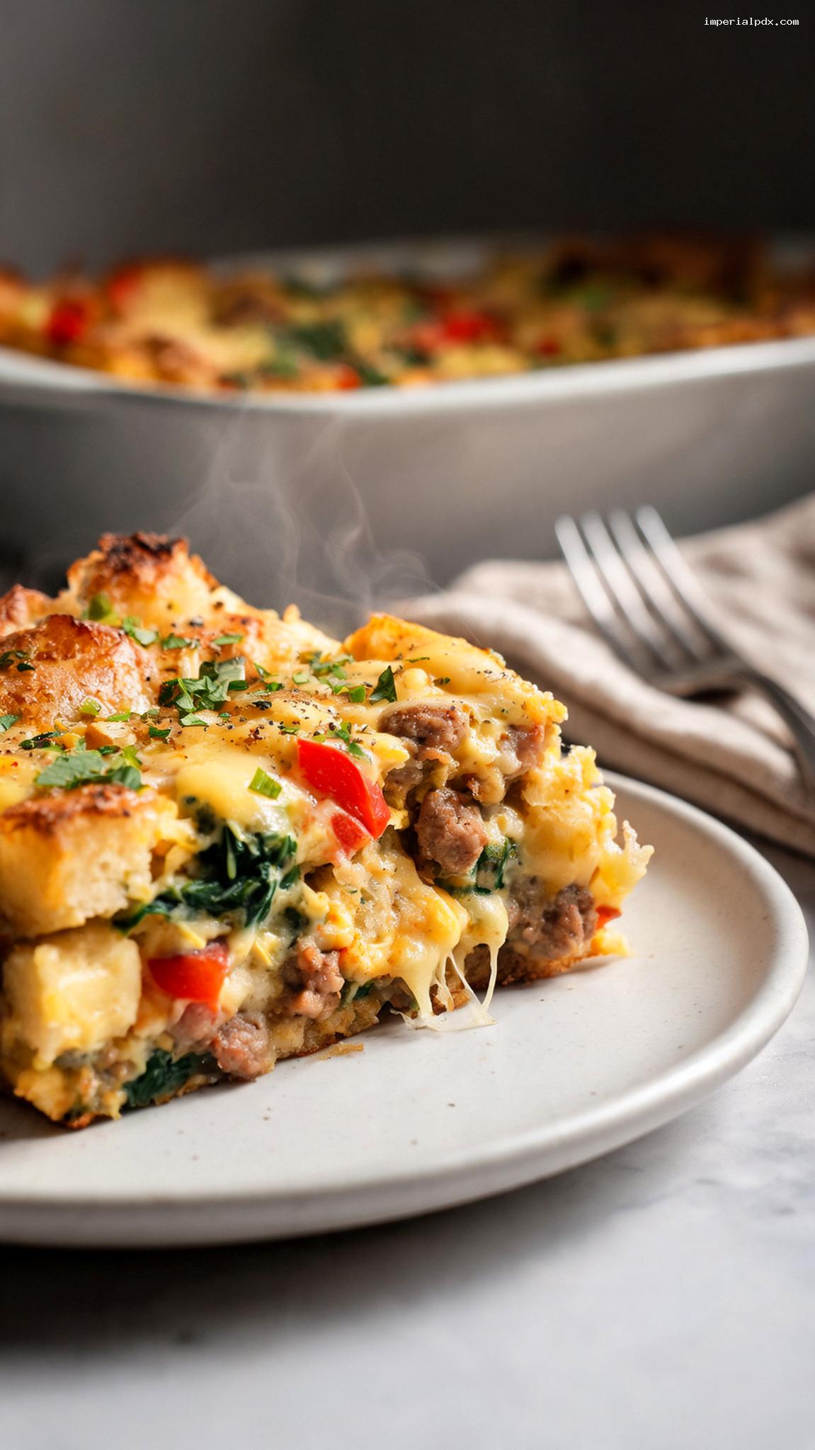 Make-Ahead Breakfast Casserole With Eggs, Bread, and Cheese – Closeup