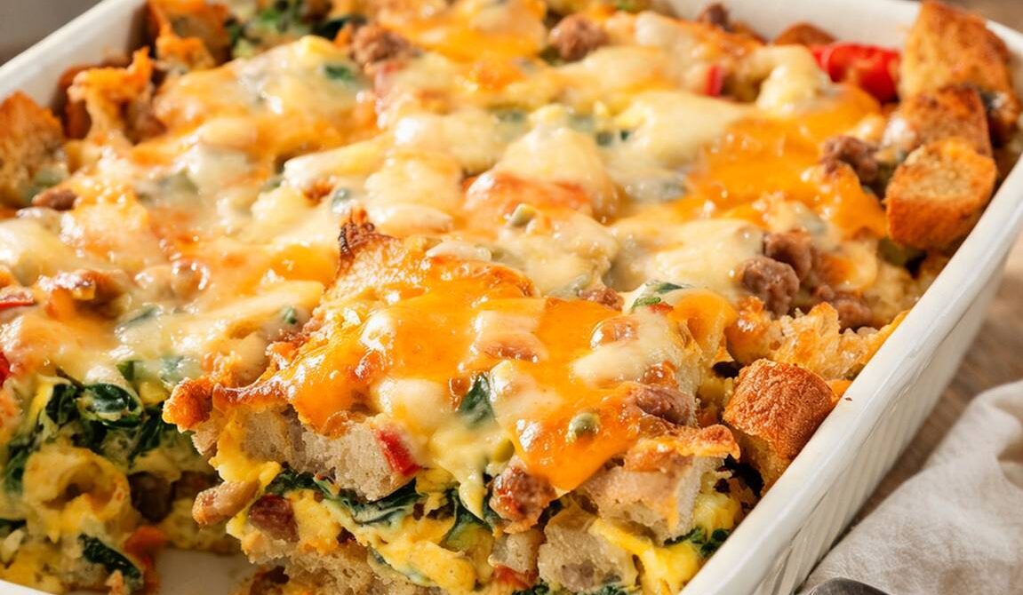 Make-Ahead Breakfast Casserole With Eggs, Bread, and Cheese