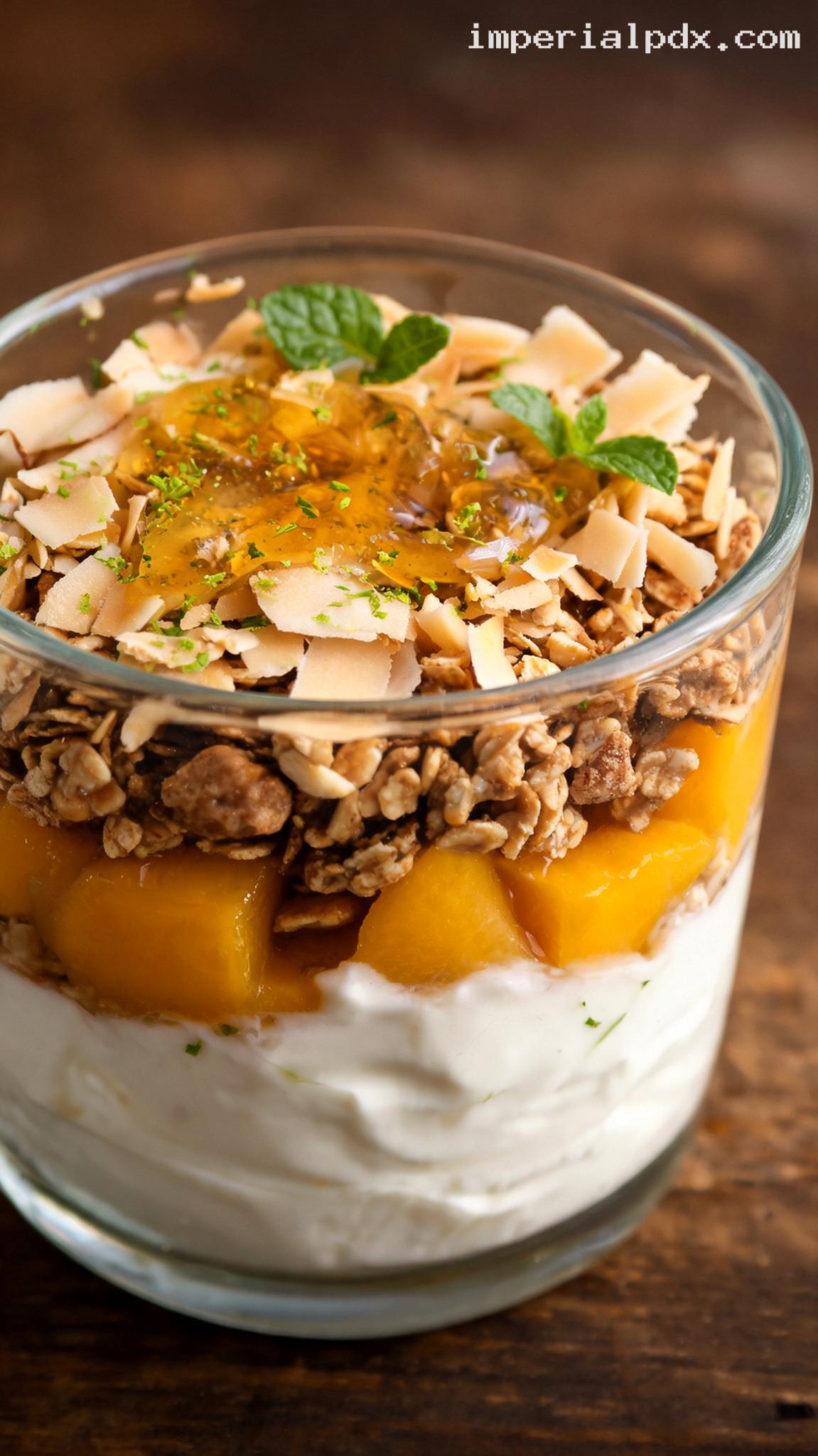 Mango Yogurt Parfait With Coconut Crunch – Closeup