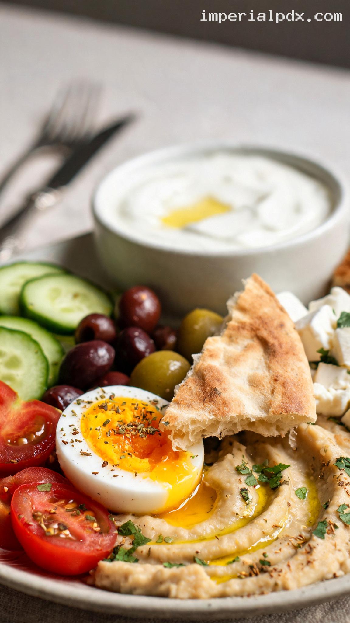 Mediterranean Breakfast Platter With Eggs, Olives, and Hummus – Closeup