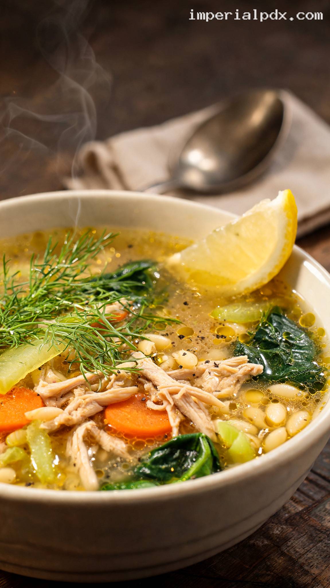 Mediterranean Chicken Orzo Soup with Lemon and Dill – Closeup