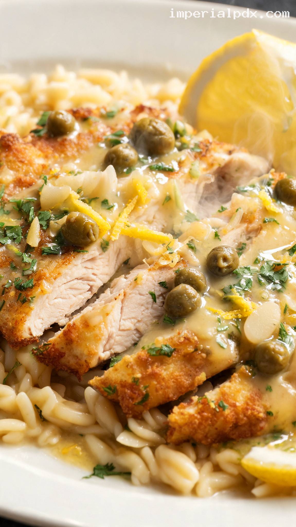 Mediterranean Chicken Piccata With Lemon, Capers, and Garlic – Closeup
