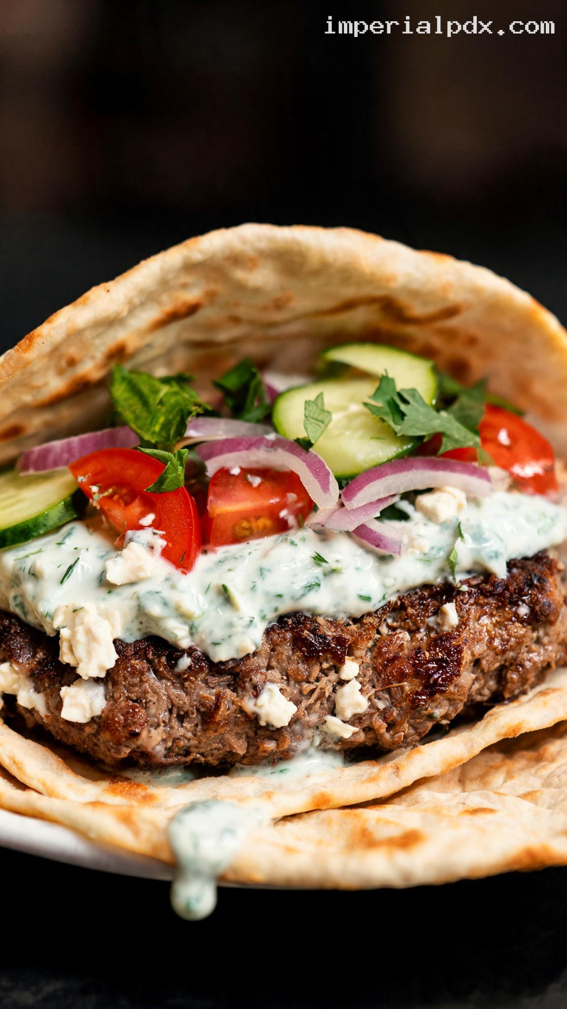 Mediterranean Lamb Pita Burgers with Feta and Tzatziki – Closeup