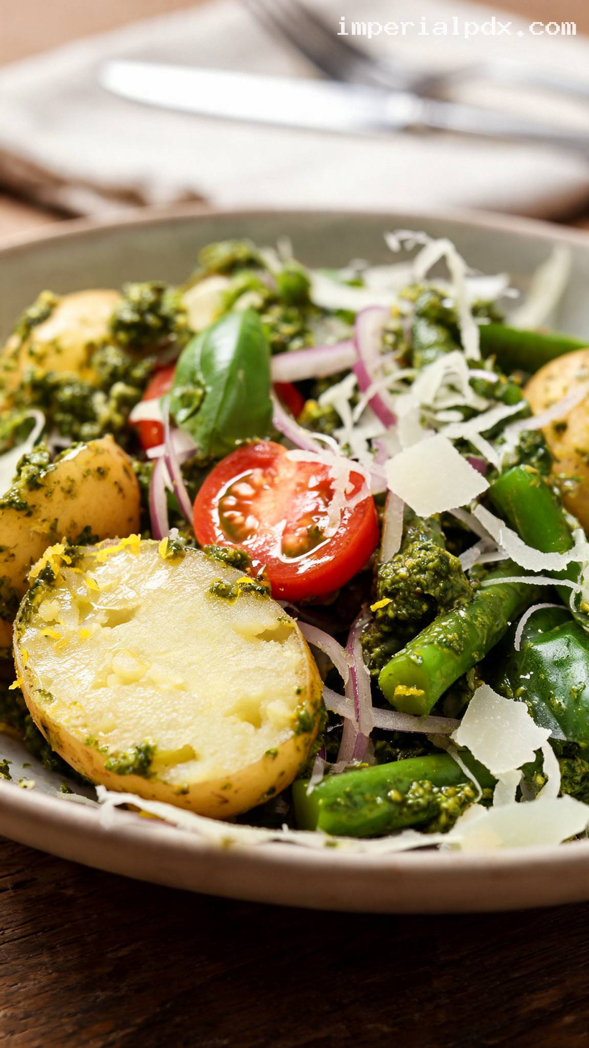 Mediterranean Pesto Potato Salad with Green Beans – Closeup