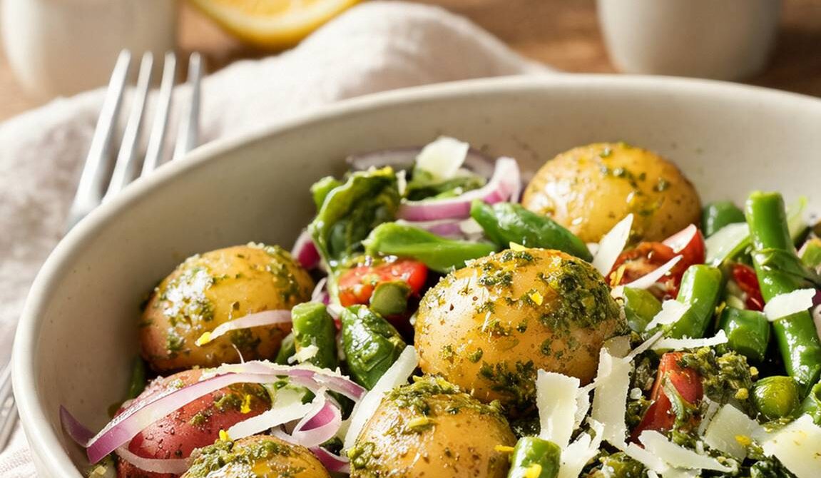 Mediterranean Pesto Potato Salad with Green Beans