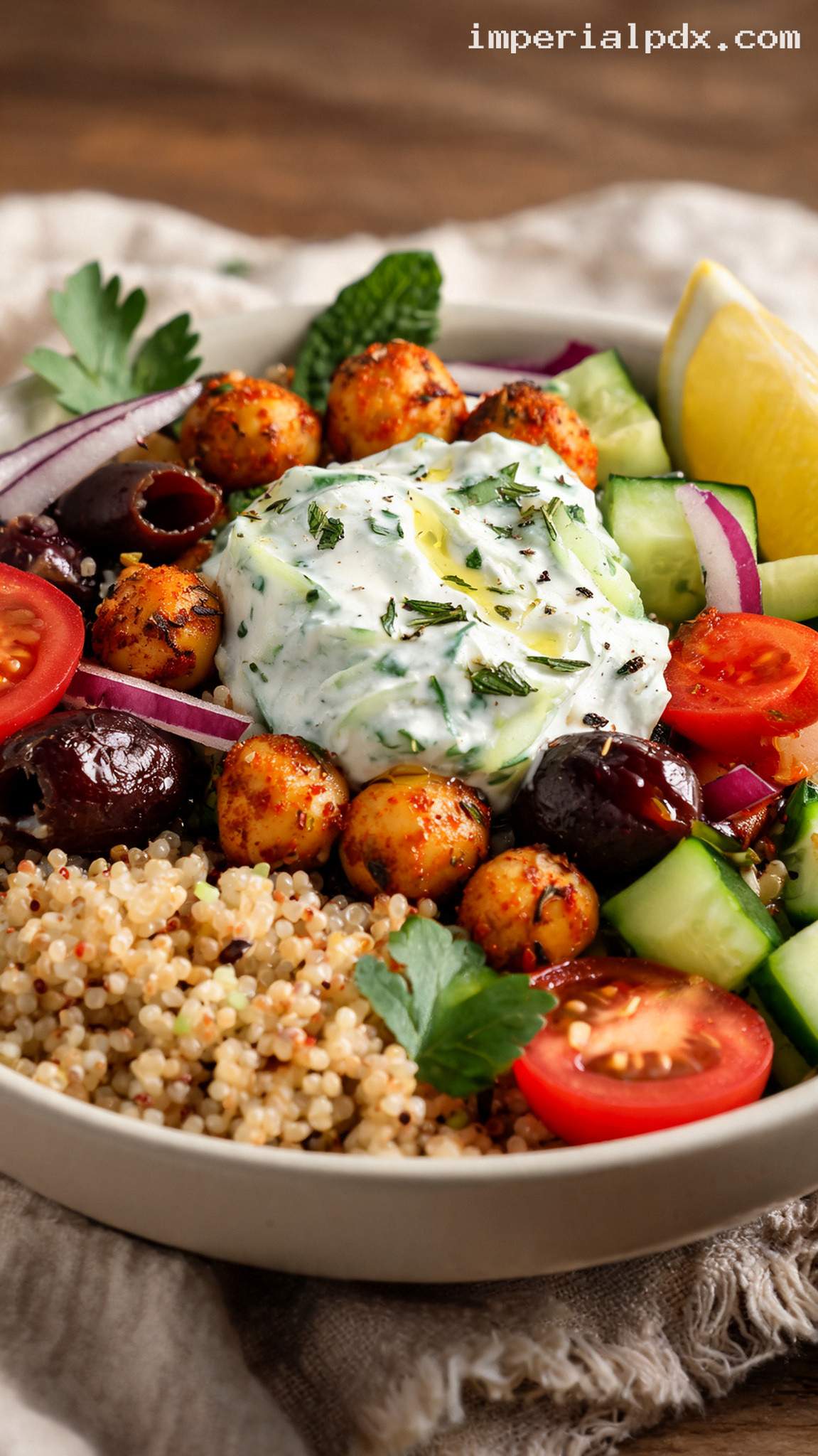 Mediterranean Quinoa Bowl with Chickpeas and Tzatziki – Closeup