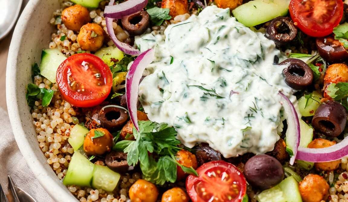 Mediterranean Quinoa Bowl with Chickpeas and Tzatziki