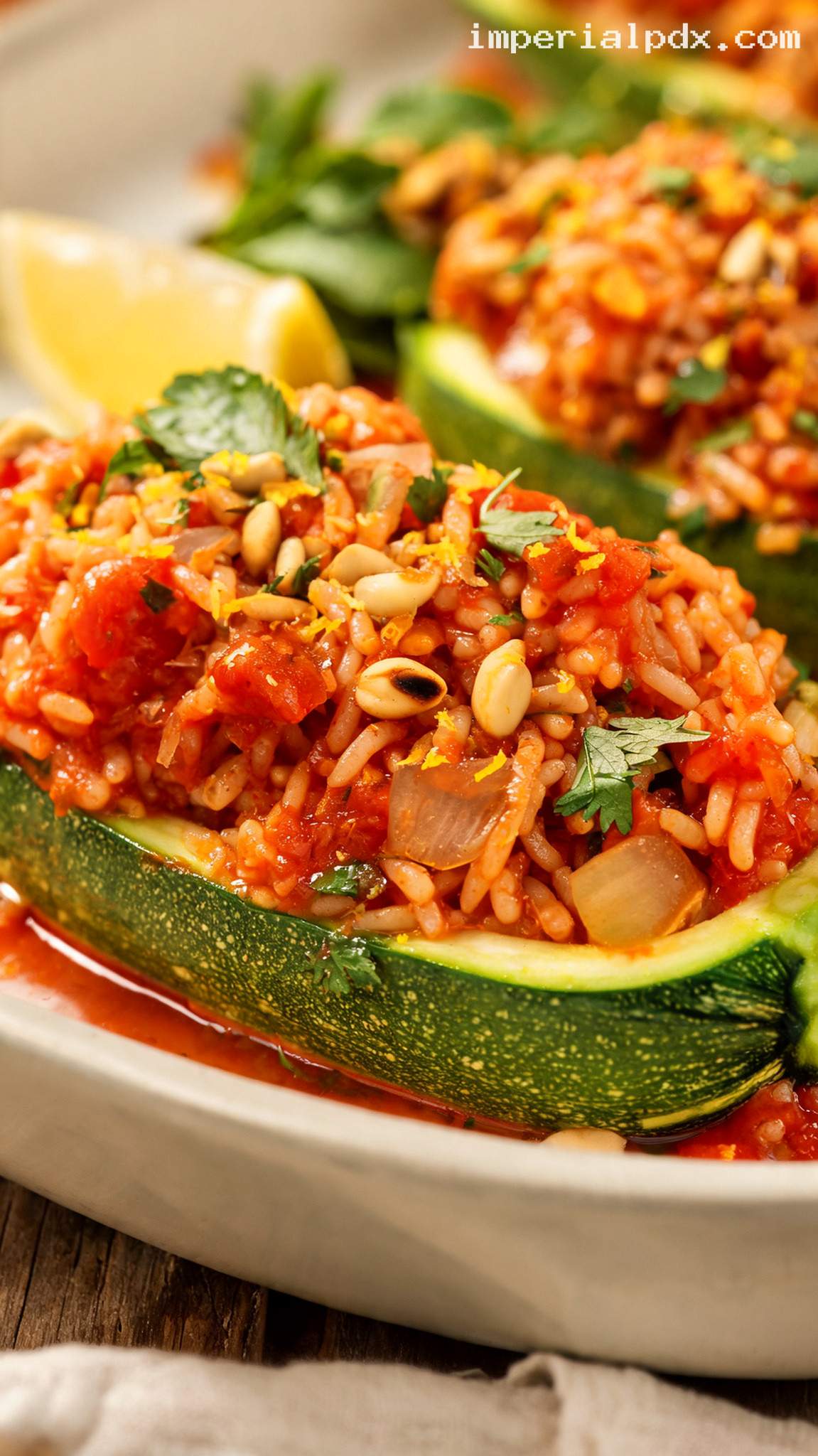 Mediterranean Stuffed Zucchini Boats With Rice and Tomatoes – Closeup