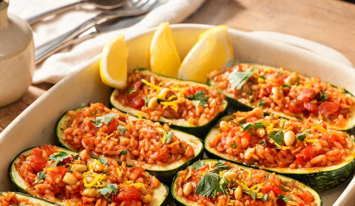 Mediterranean Stuffed Zucchini Boats With Rice and Tomatoes