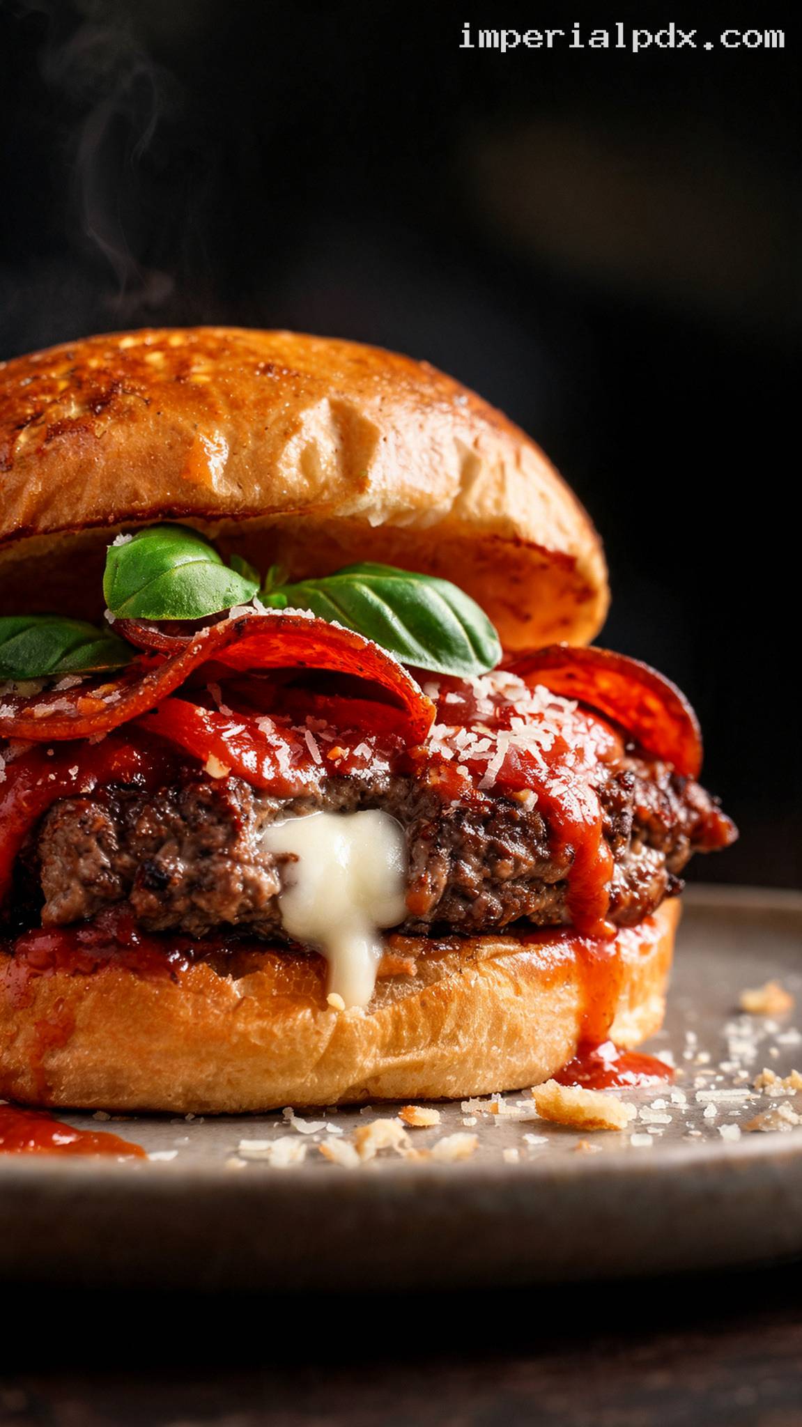Mozzarella-Stuffed Pizza Burger With Pepperoni Crisps – Closeup