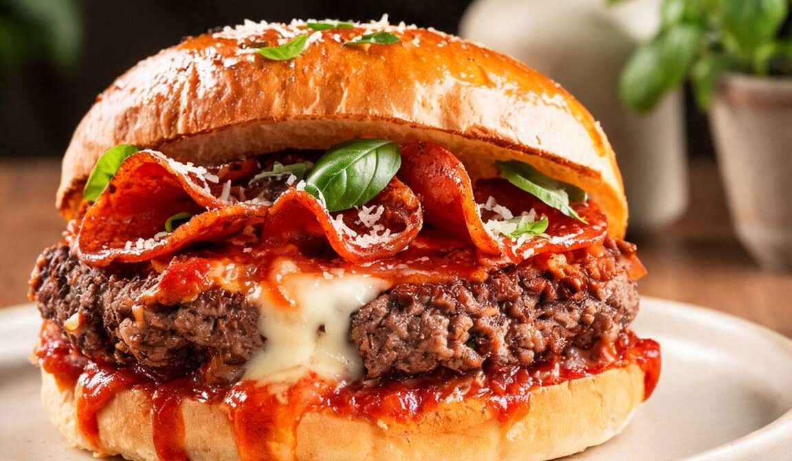 Mozzarella-Stuffed Pizza Burger With Pepperoni Crisps