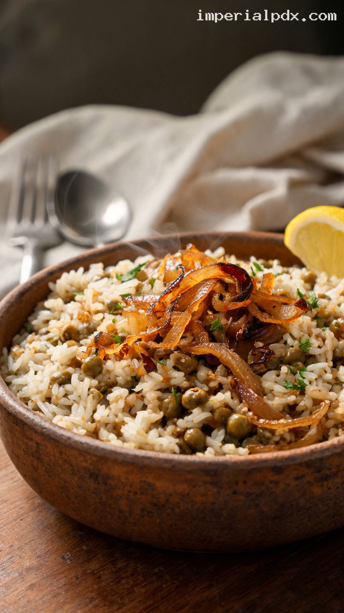 Mujadara Rice and Lentil Pilaf with Caramelized Onions – Closeup
