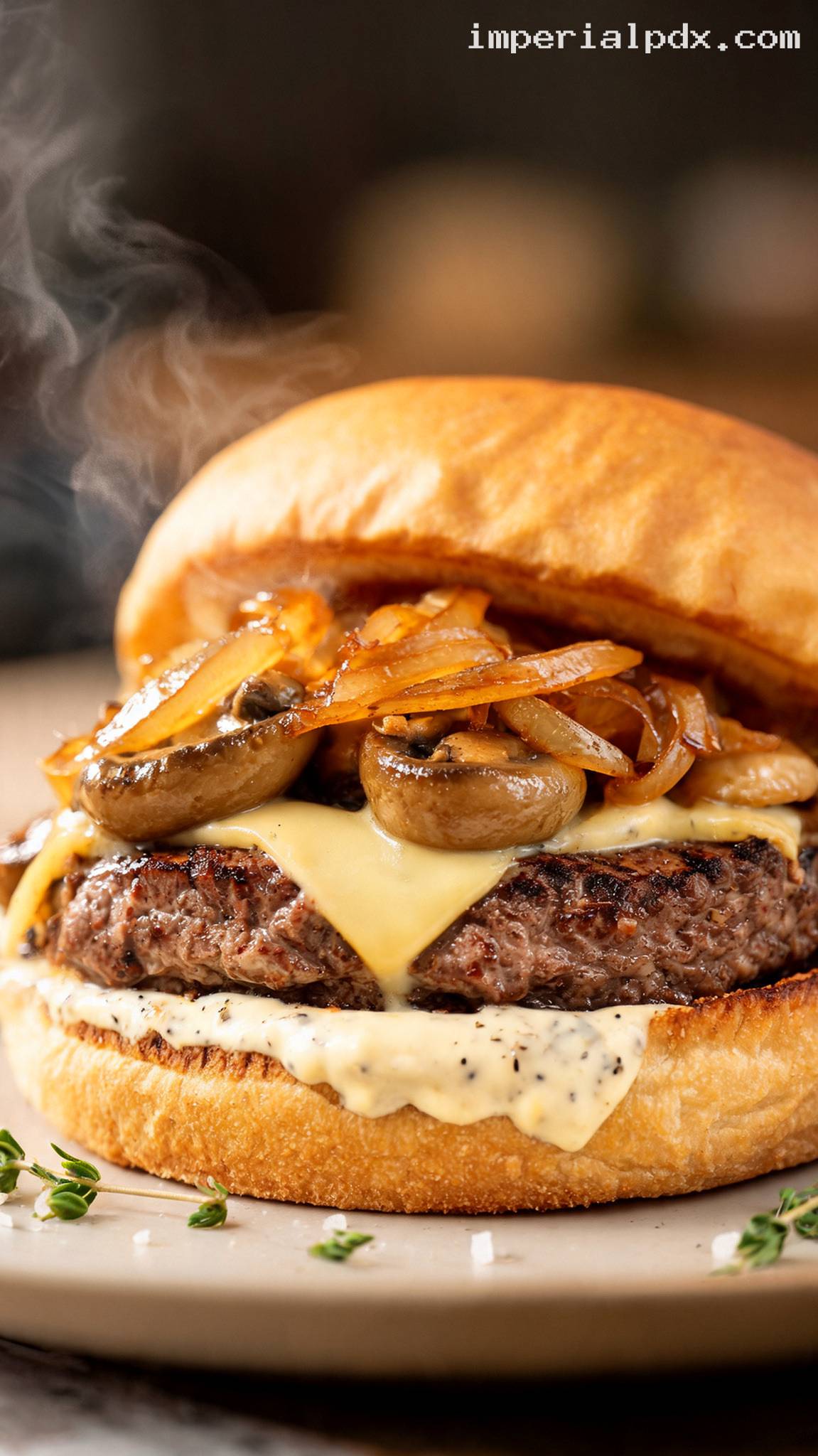 Mushroom Swiss Burger With Black Pepper Aioli – Closeup