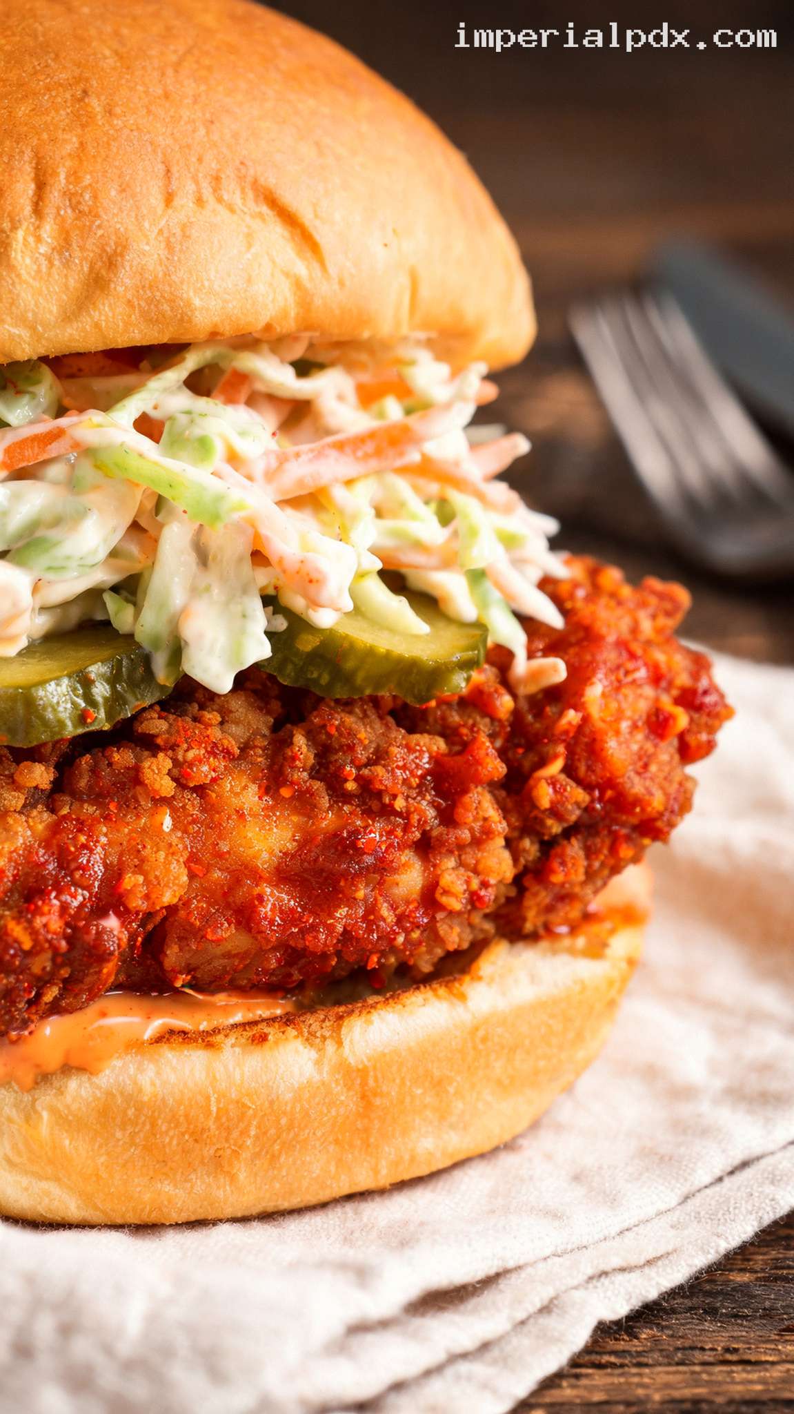 Nashville Hot Chicken Burger with Pickles and Slaw – Closeup