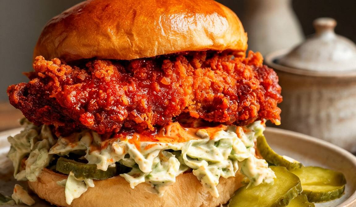 Nashville Hot Chicken Burger with Pickles and Slaw