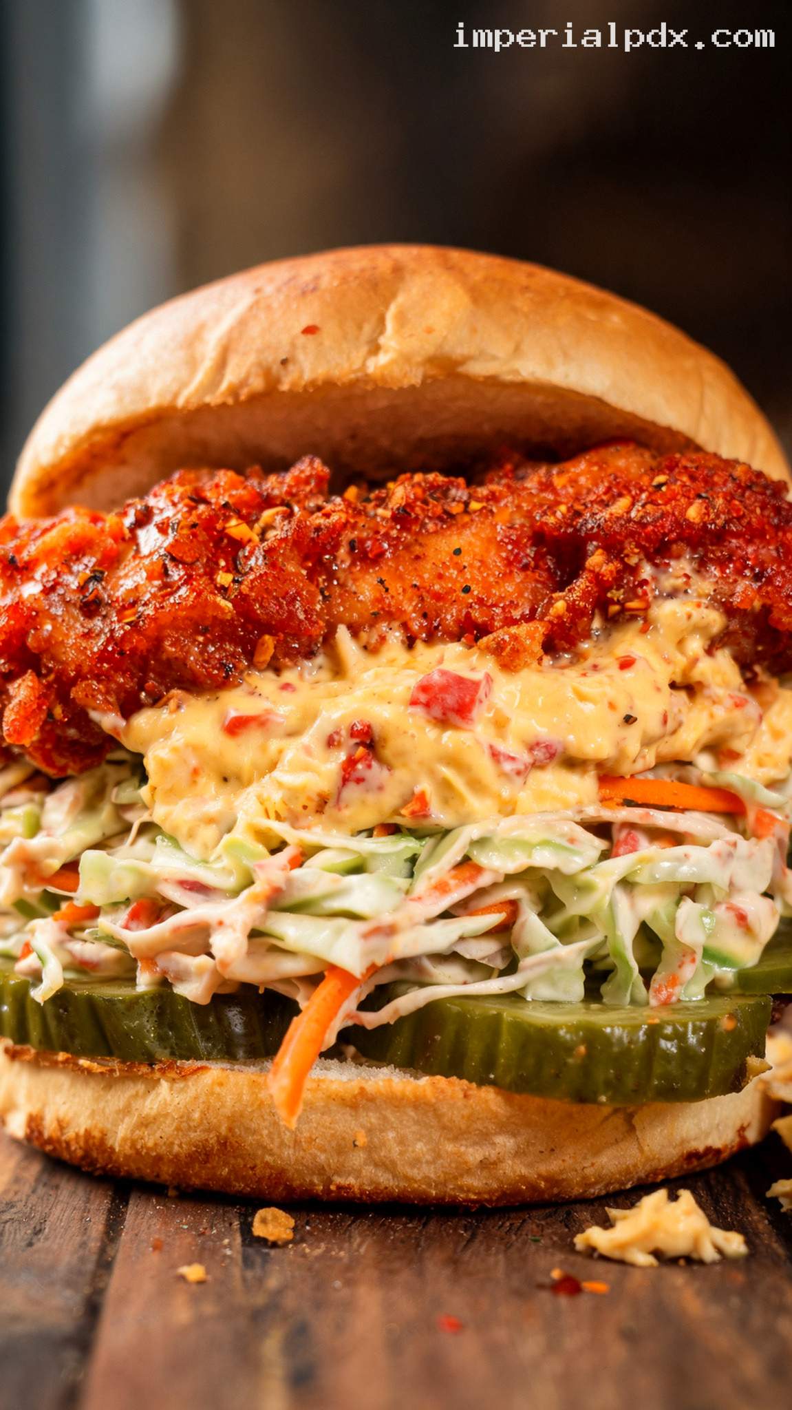 Nashville Hot Pimento Chicken Burger – Closeup