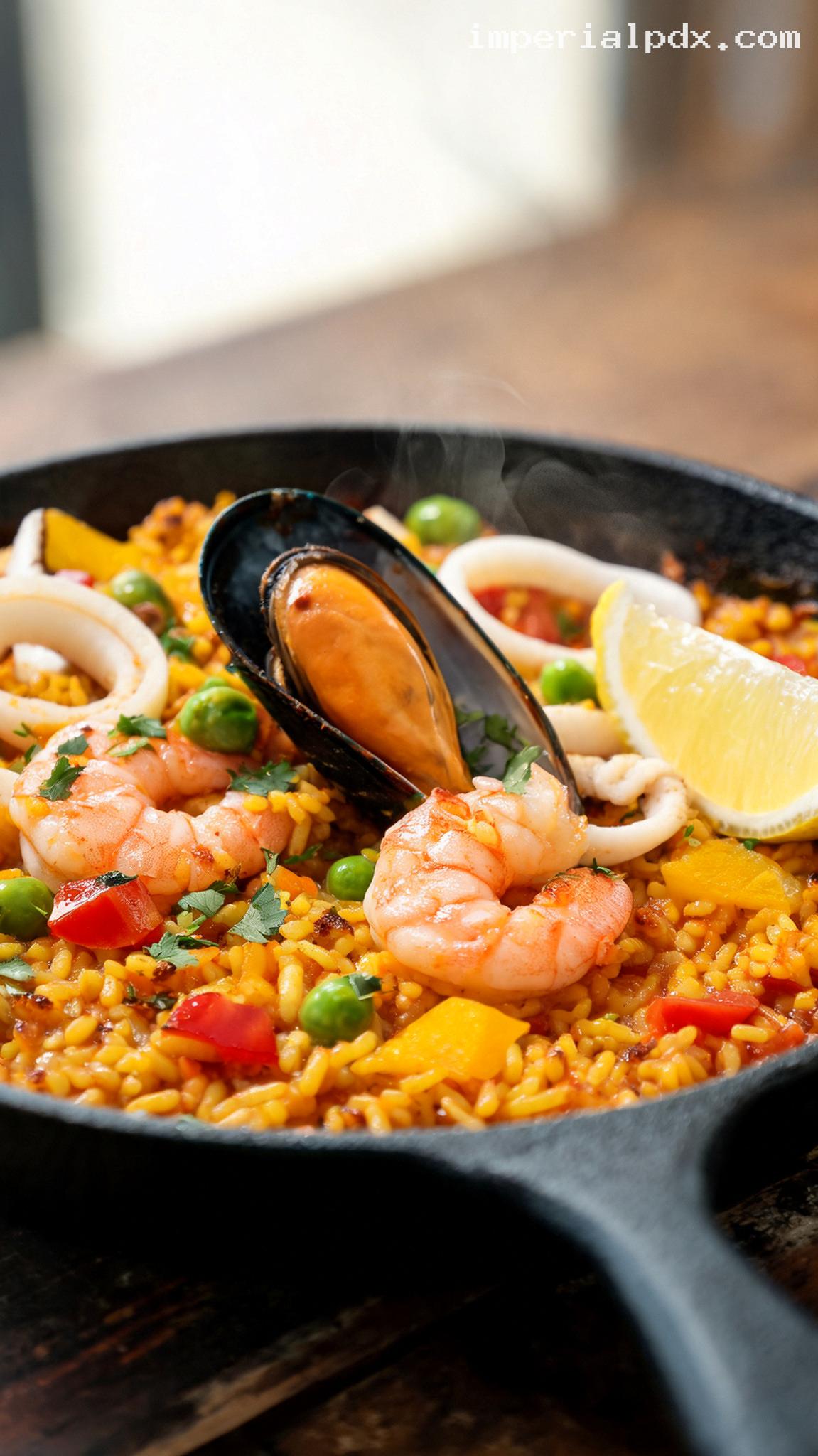 One-Pan Seafood Paella Rice Skillet – Closeup