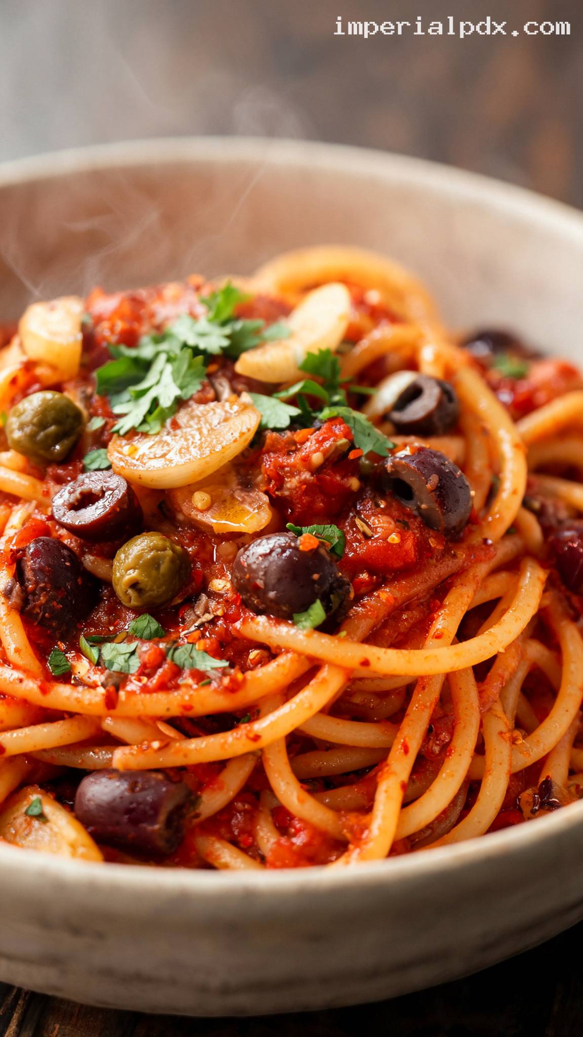Pasta Puttanesca with Anchovies and Capers – Closeup