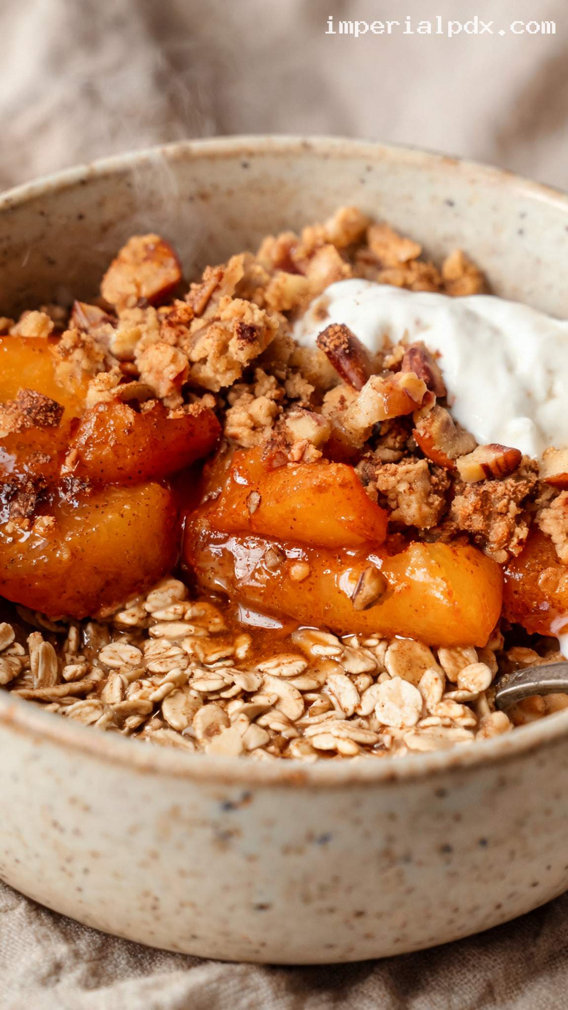 Peach Cobbler Oatmeal With Cinnamon Crumble – Closeup