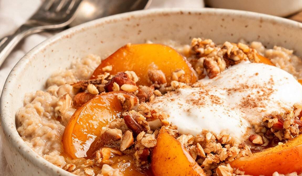 Peach Cobbler Oatmeal With Cinnamon Crumble