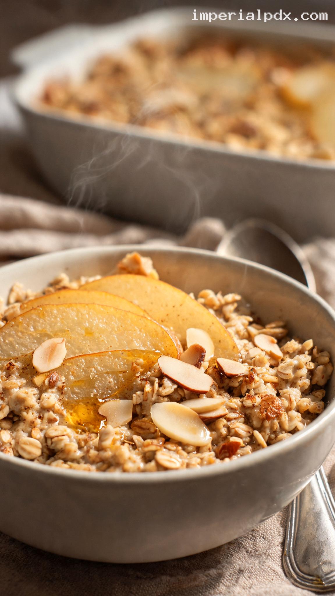 Pear and Almond Baked Oatmeal – Closeup