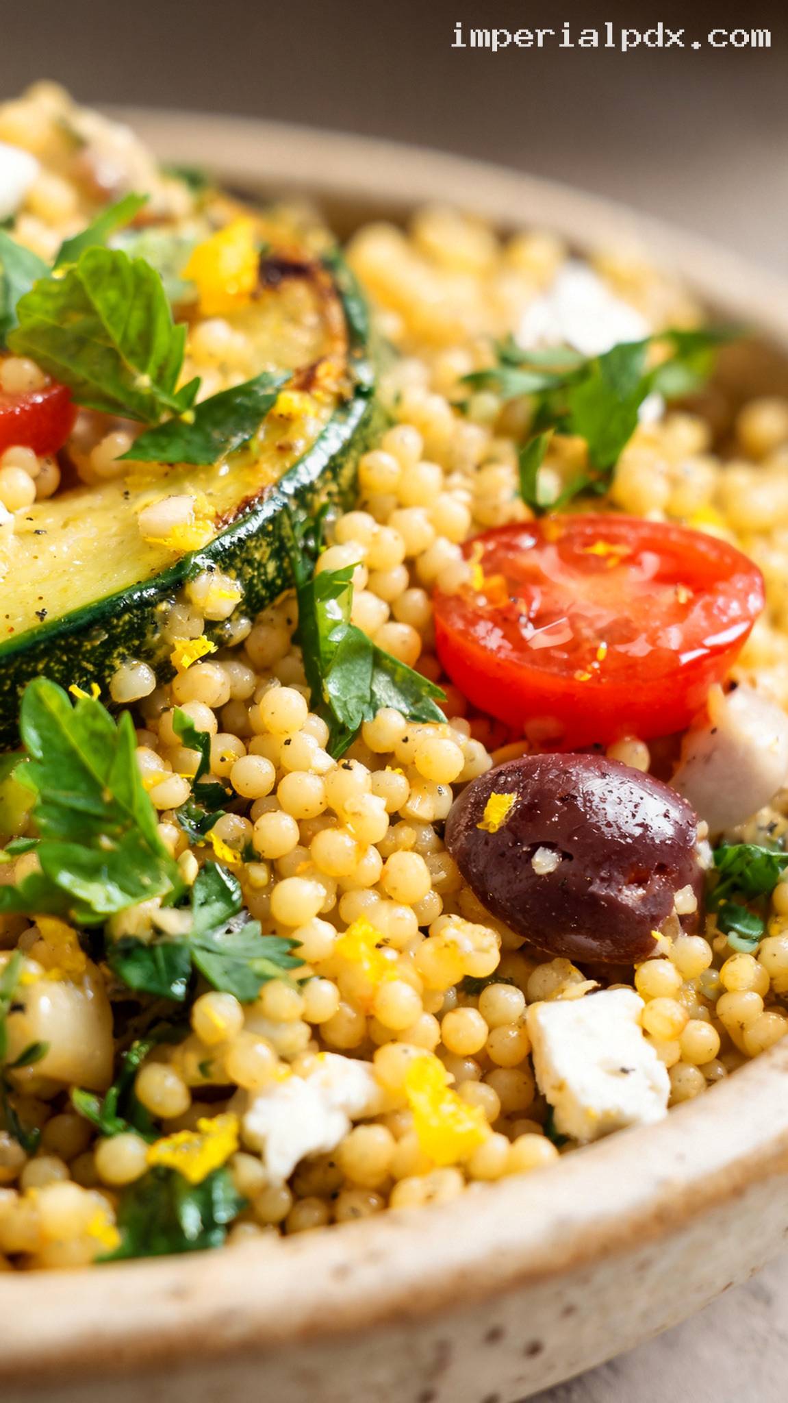 Pearl Couscous with Roasted Zucchini and Lemon – Closeup