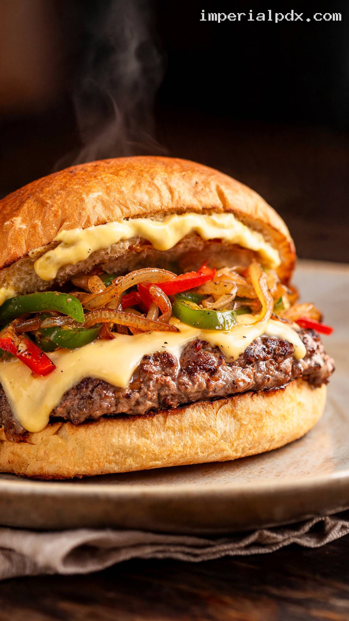 Philly Cheesesteak Burger With Peppers and Provolone – Closeup