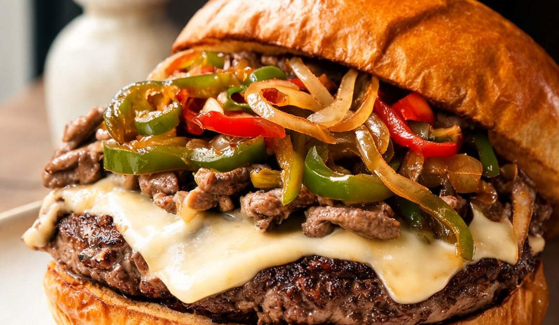 Philly Cheesesteak Burger With Peppers and Provolone