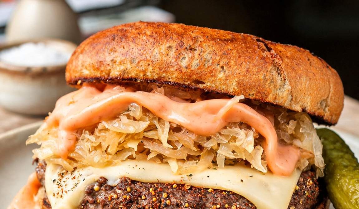 Reuben Burger With Swiss and Sauerkraut