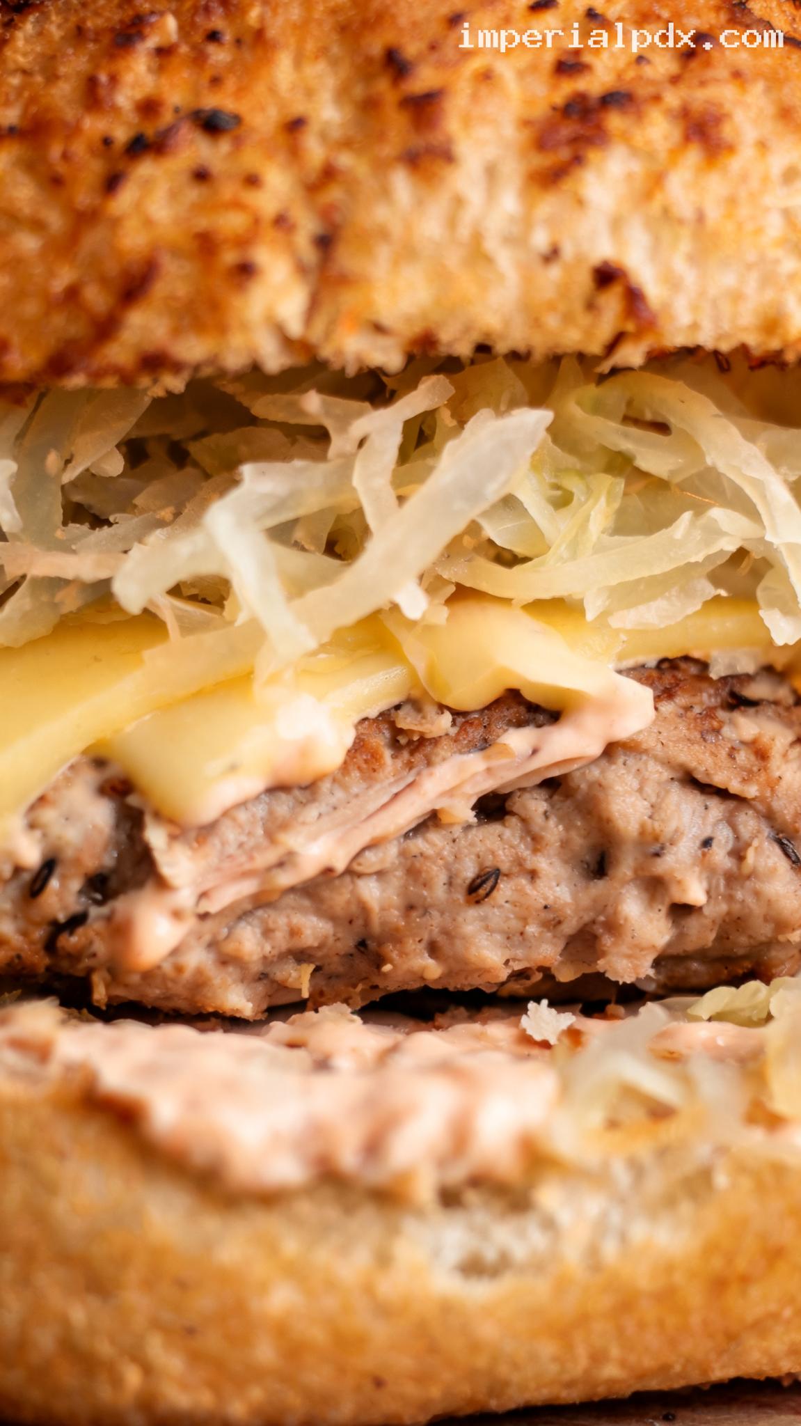 Reuben-Style Turkey Burgers With Swiss and Sauerkraut – Closeup