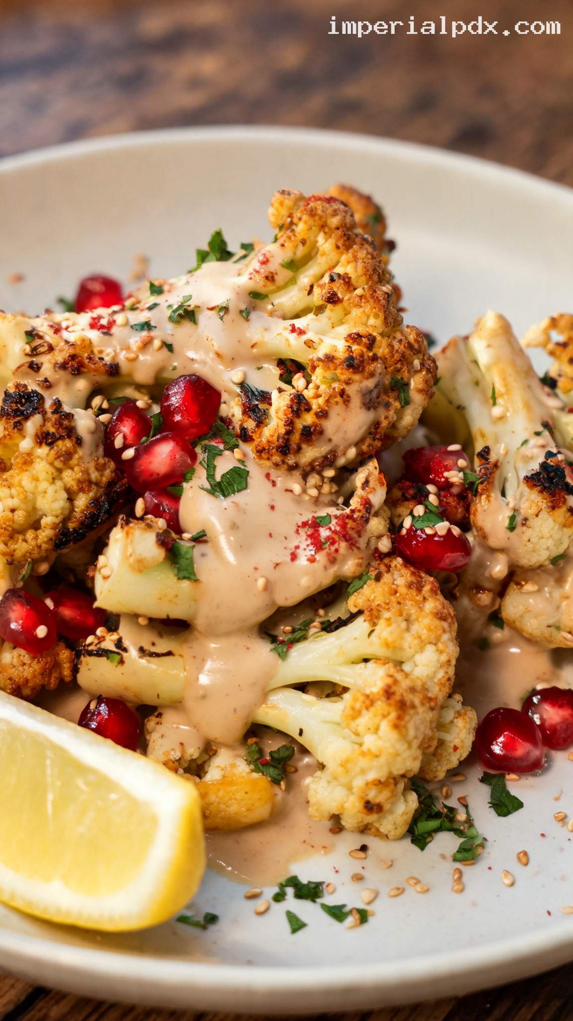 Roasted Cauliflower with Tahini and Pomegranate – Closeup