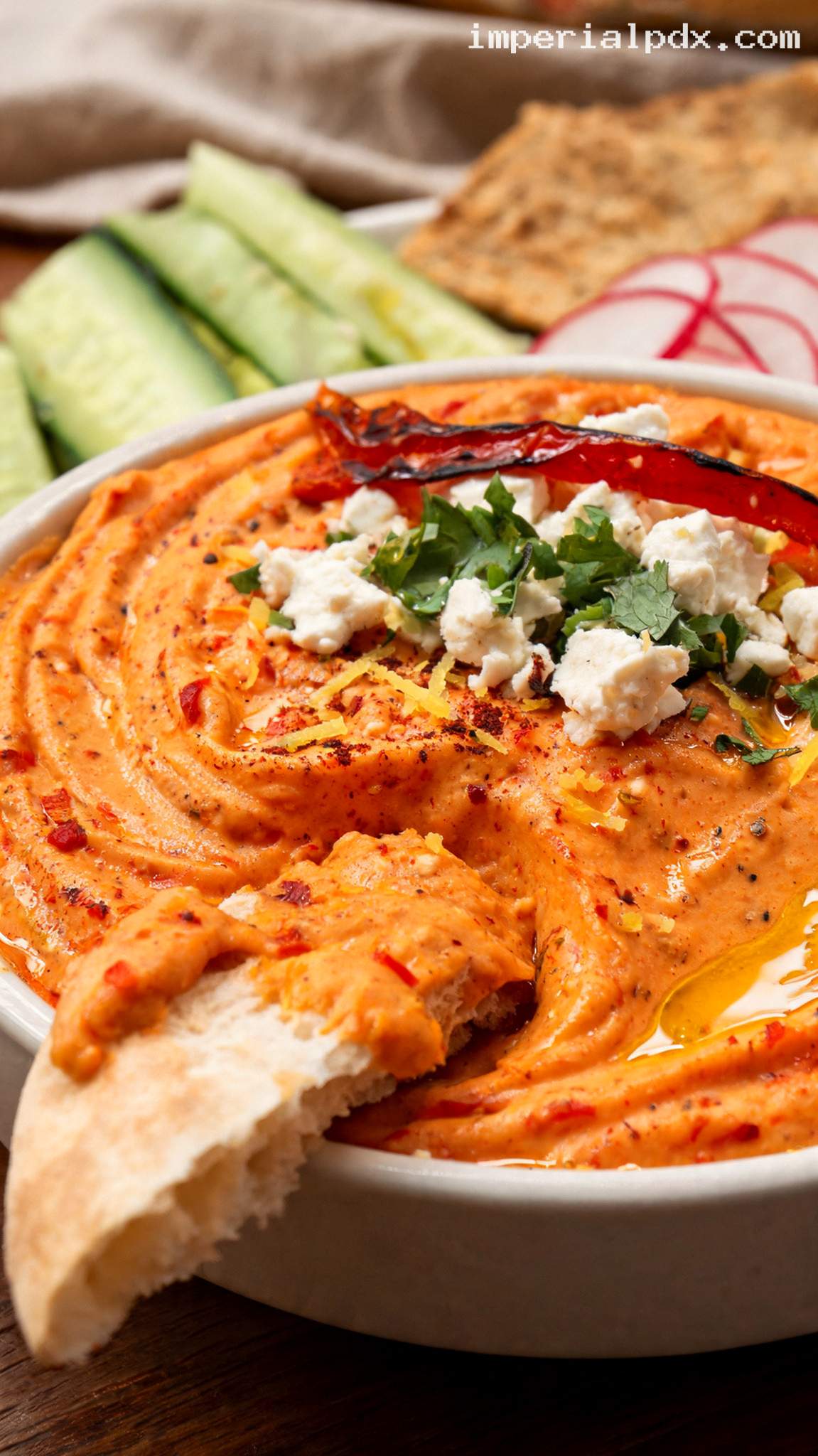 Roasted Red Pepper Feta Dip – Closeup