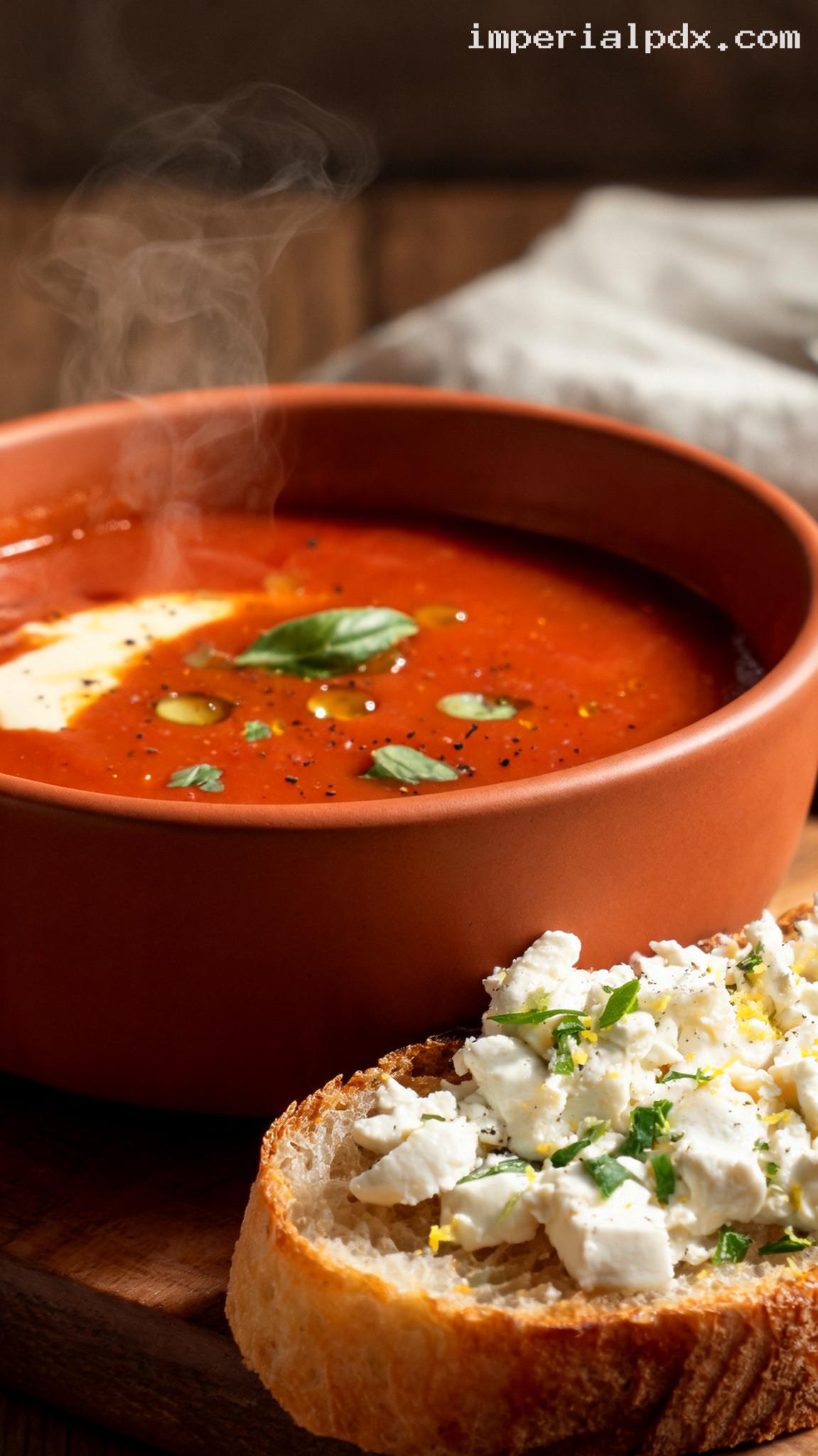 Roasted Tomato Basil Soup With Feta Toast – Closeup