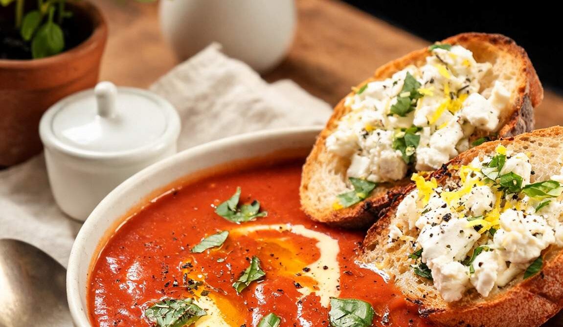 Roasted Tomato Basil Soup With Feta Toast