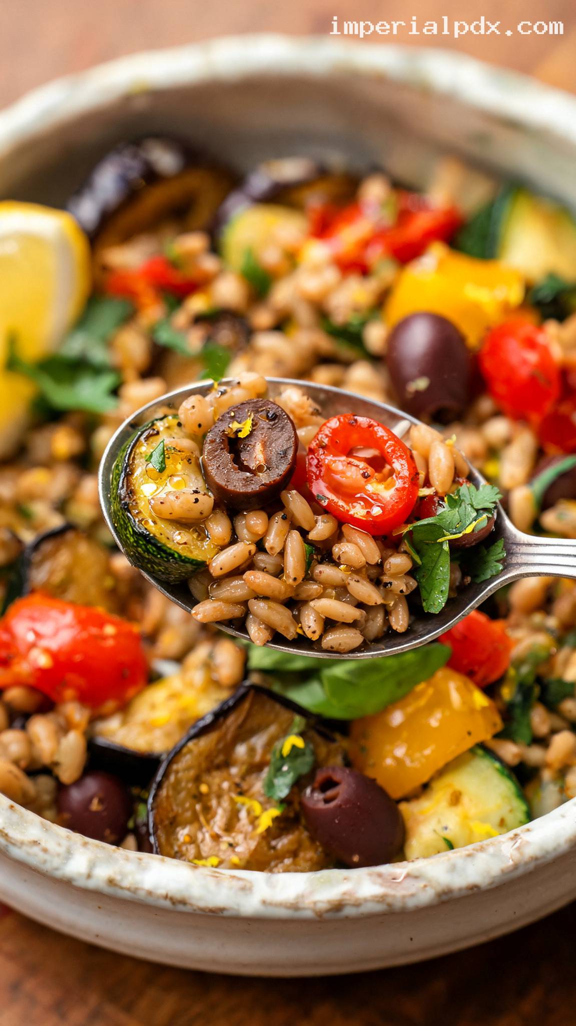Roasted Vegetable Farro Salad With Herbs – Closeup