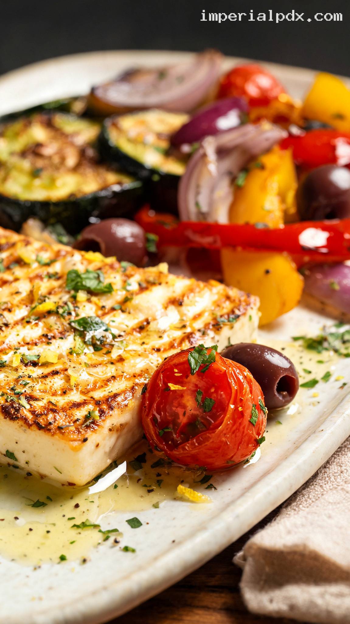 Roasted Vegetable Halloumi Platter With Lemon Herb Dressing – Closeup