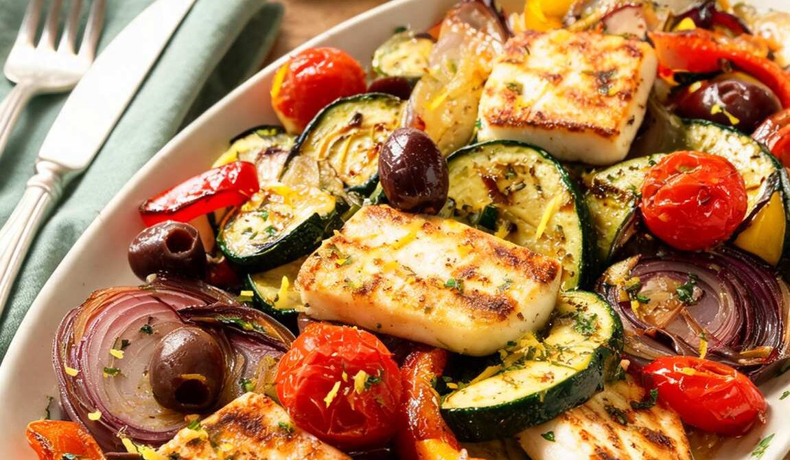 Roasted Vegetable Halloumi Platter With Lemon Herb Dressing