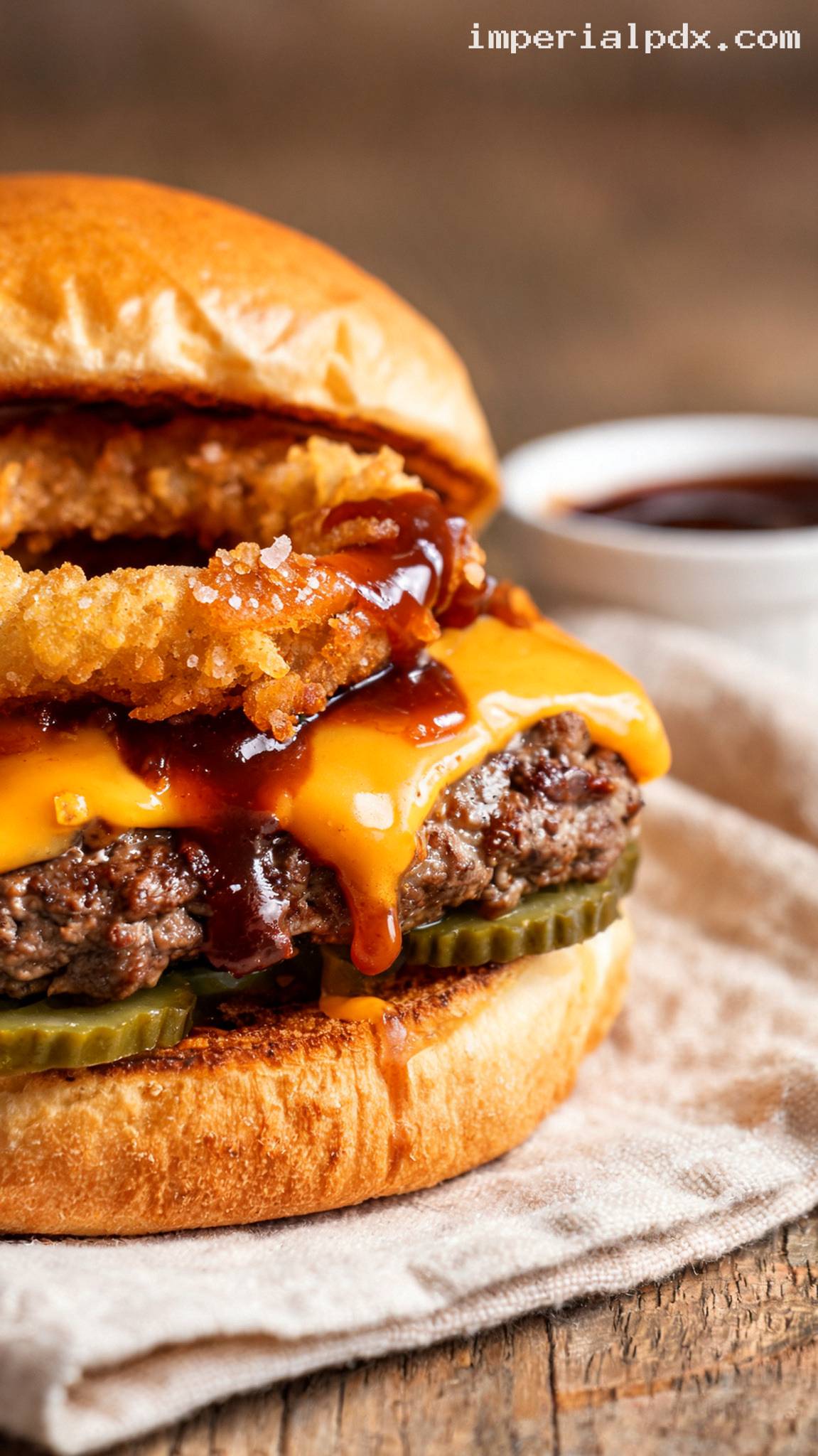 Rodeo Burger With Crispy Onion Rings and Barbecue Sauce – Closeup