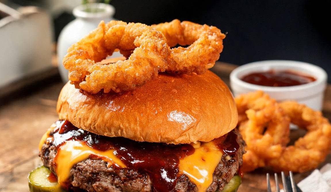 Rodeo Burger With Crispy Onion Rings and Barbecue Sauce
