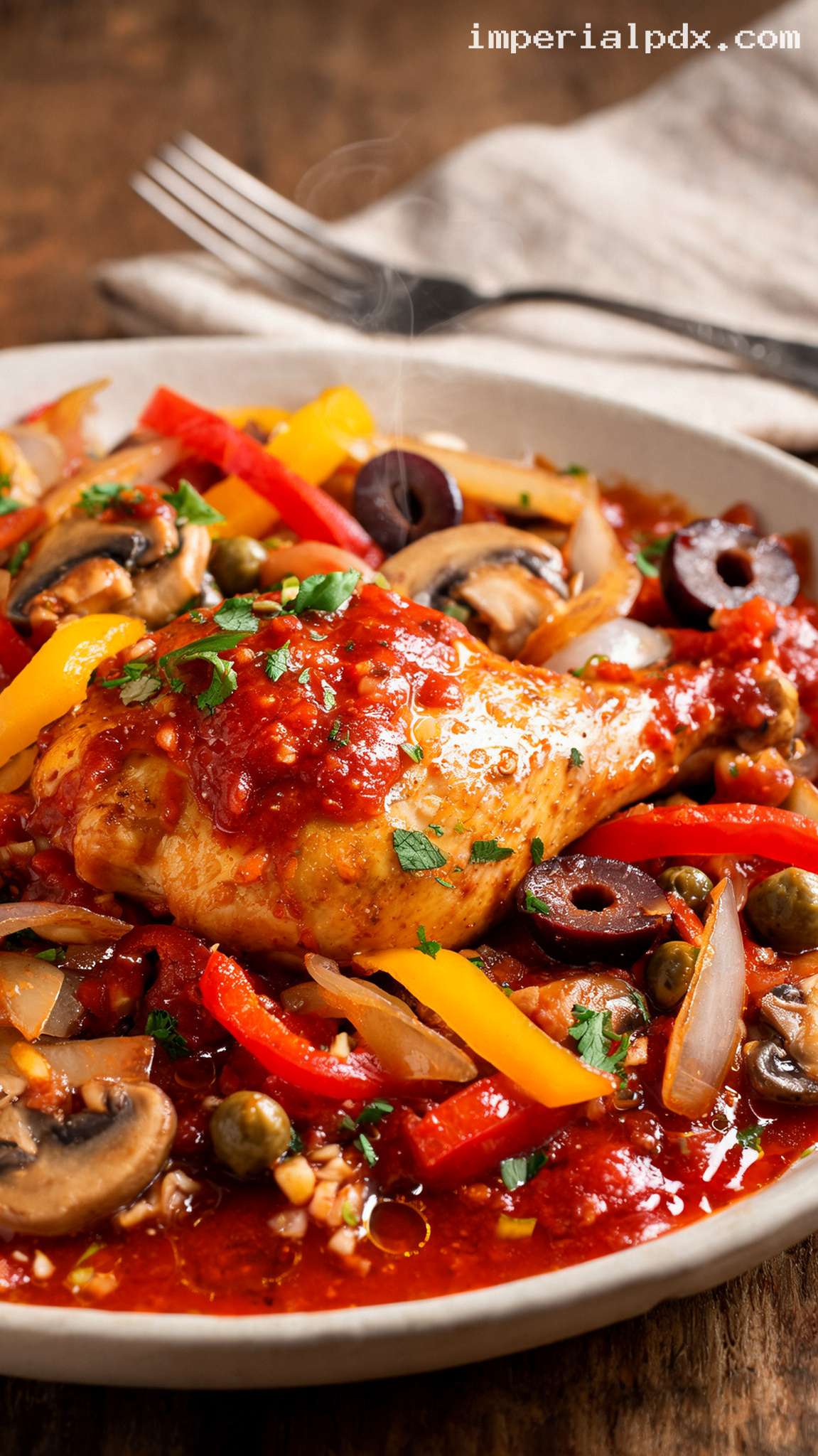 Rustic Chicken Cacciatore with Peppers and Herbs – Closeup