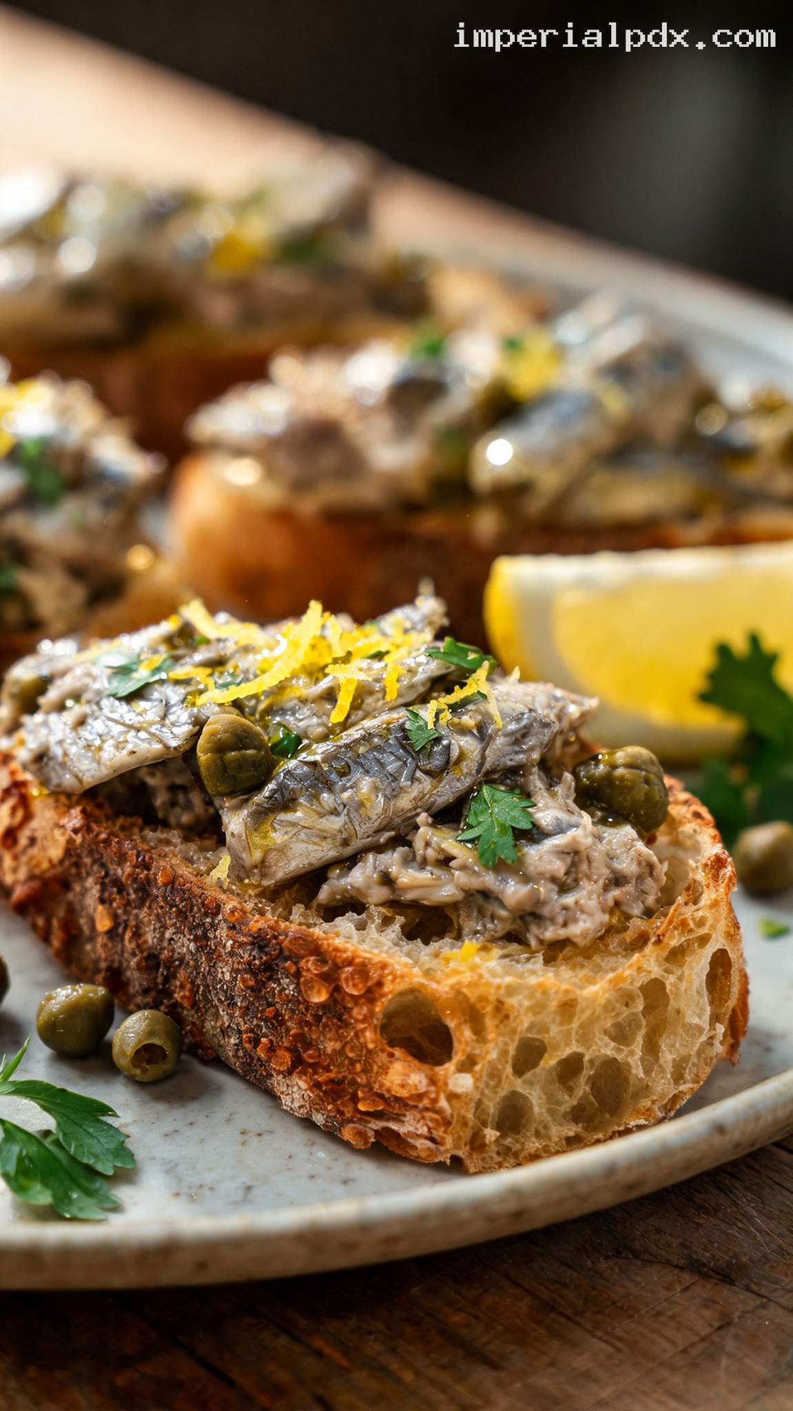 Sardine Toast With Lemon and Parsley – Closeup