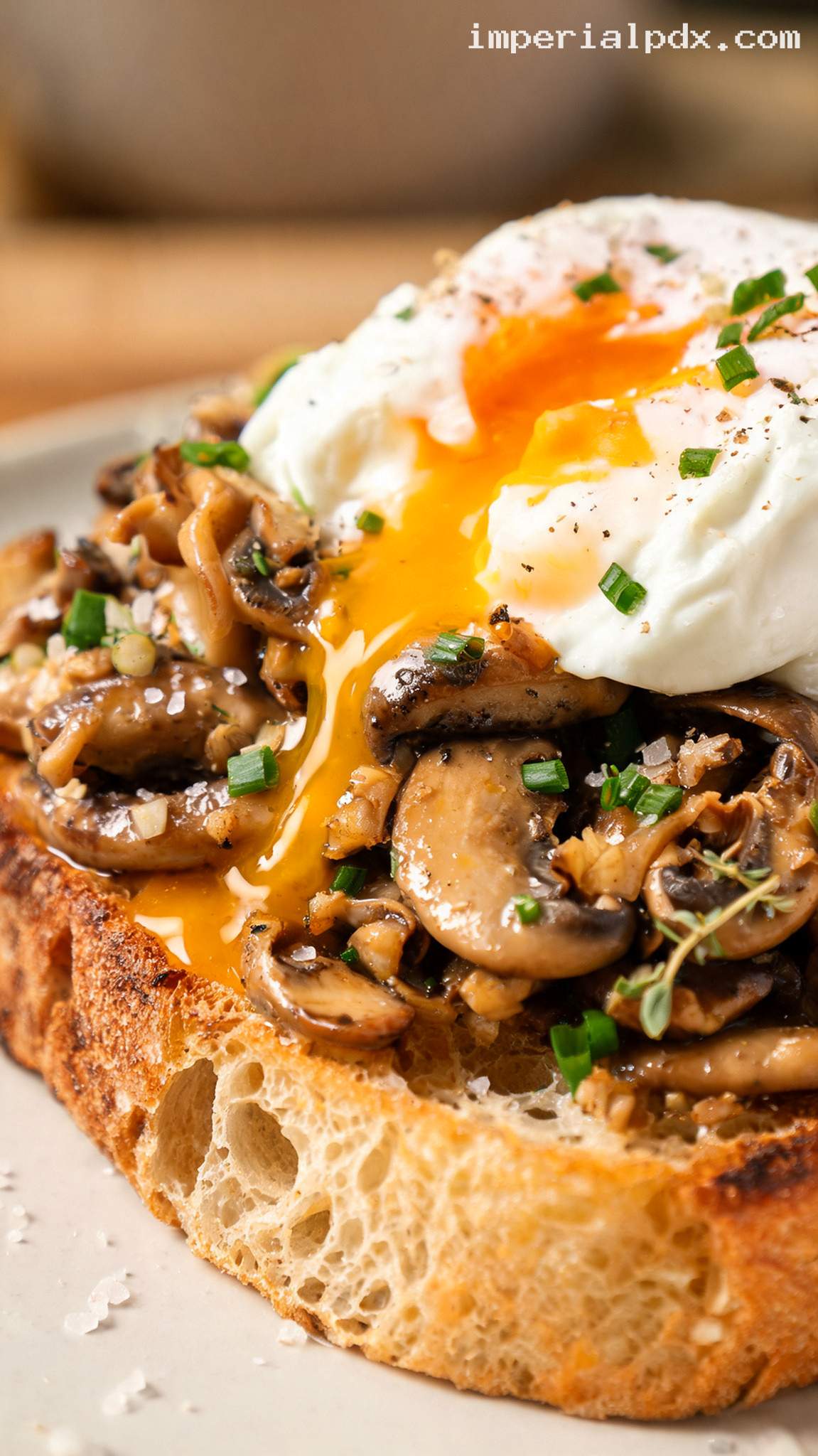 Savory Mushroom Toast With Poached Egg – Closeup