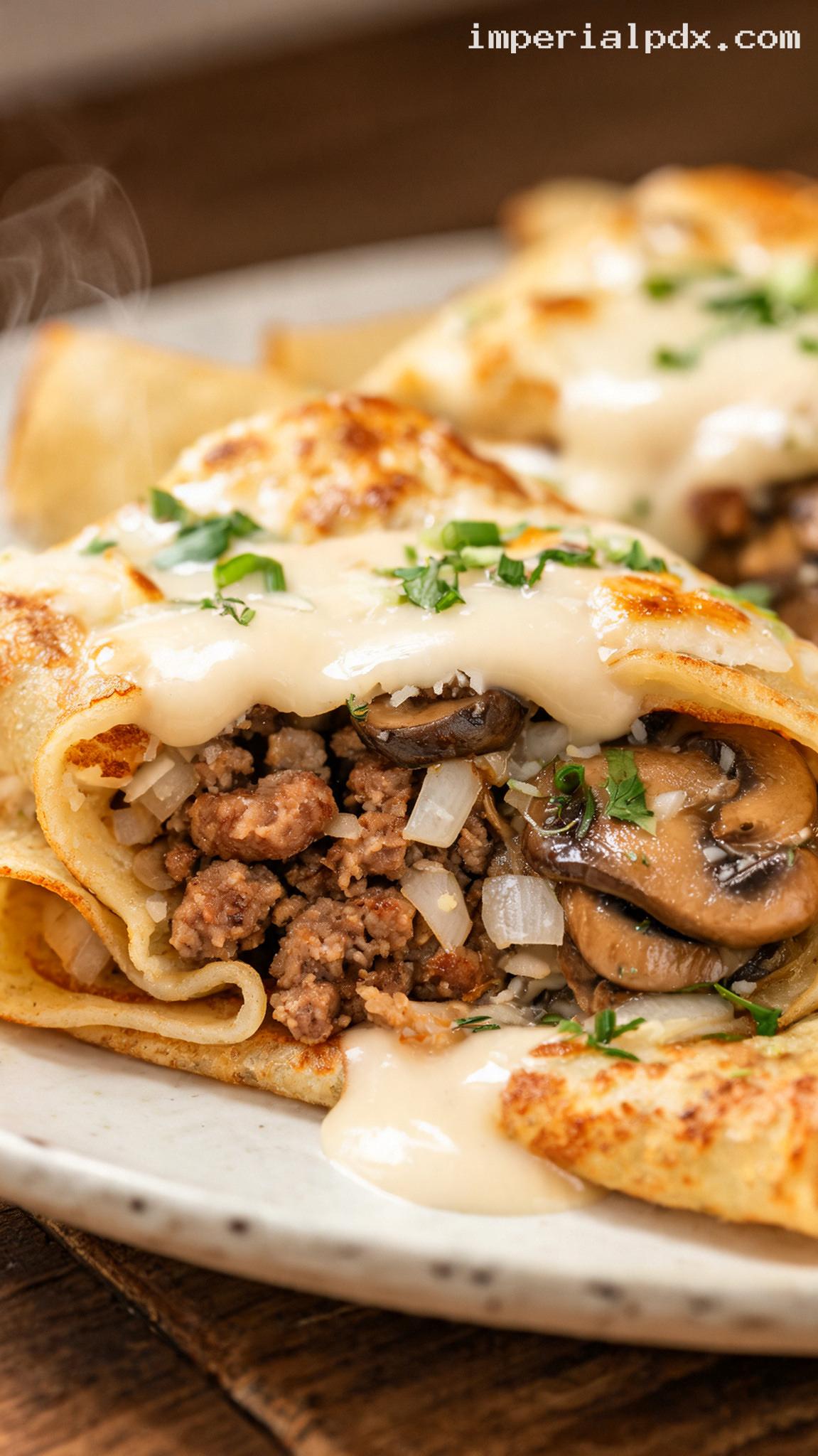 Savory Sausage and Mushroom Crepes – Closeup
