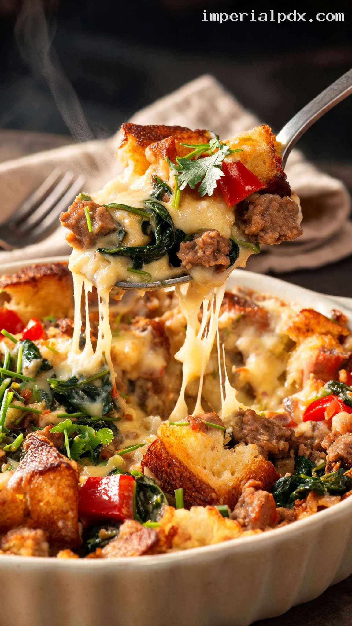 Savory Sausage Breakfast Bread Pudding – Closeup