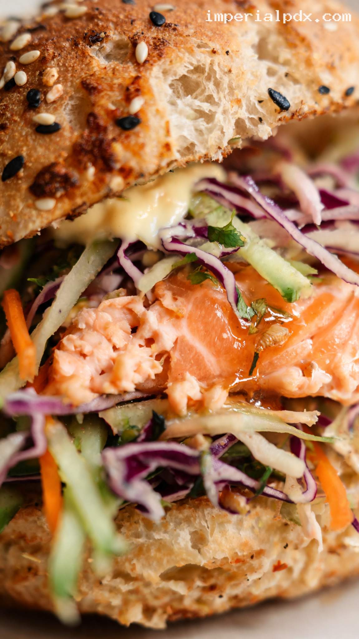 Sesame Ginger Salmon Burgers With Cucumber Slaw – Closeup