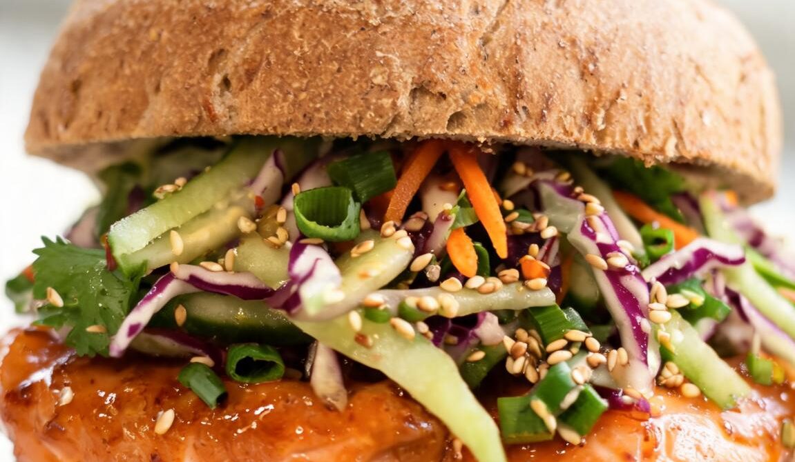 Sesame Ginger Salmon Burgers With Cucumber Slaw
