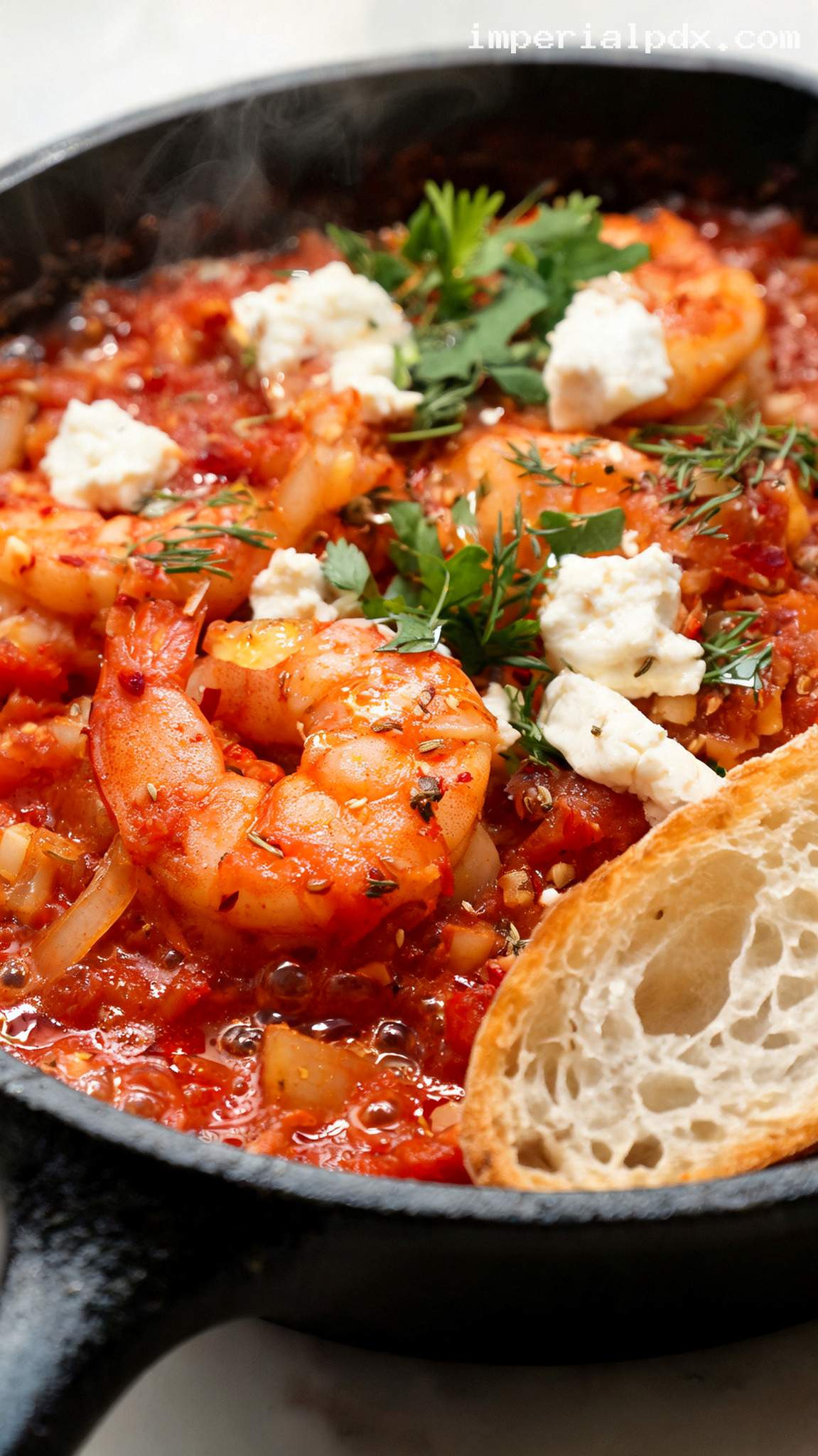 Shrimp Saganaki with Tomato and Feta Sauce – Closeup