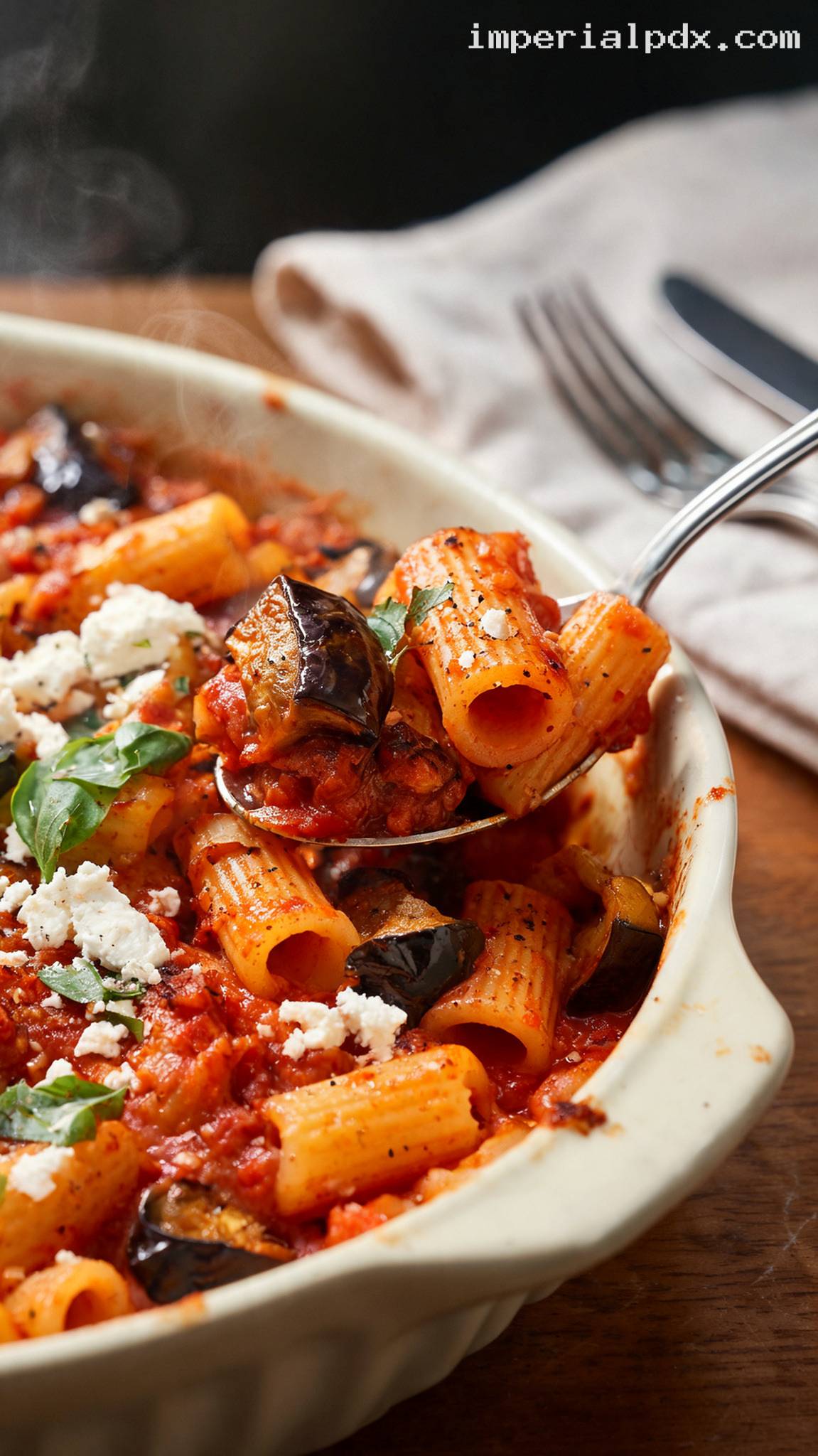 Sicilian Baked Pasta with Eggplant and Ricotta Salata – Closeup